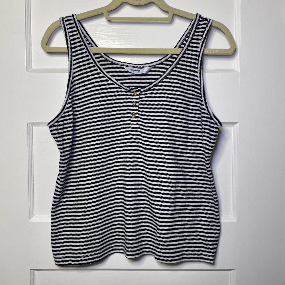 SONOMA Striped Tank Top Classic Black & White Womens Large Casual Minimalist Mod